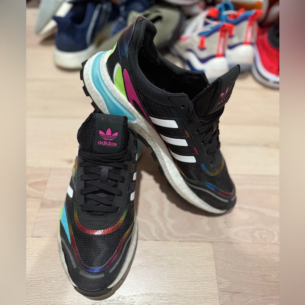 Adidas Black and White Sneakers with Pink and Blue Accents